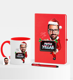 BK Gift Kişiye Özel Yılbaşı Temalı Bay Karikatürlü Kırmızı Defter Kalem Kupa Seti - 1