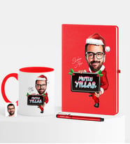 BK Gift Kişiye Özel Yılbaşı Temalı Bay Karikatürlü Kırmızı Defter Kalem Kupa Seti - 1
