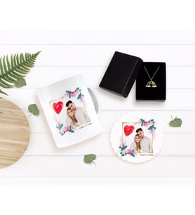 BK Gift Kişiye Özel Sevgililer Günü Temalı İsimli Fotoğraflı Kupa Bardak Altlığı ve Çift Harfli Bulut Kolye Seti-30 (Model 1)