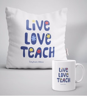 BK Gift Kişiye Özel Yaşa Sev Öğret Beyaz Yastık Kupa Seti-1 (Model 1)