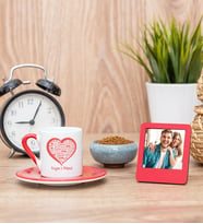 Kişiye Özel Kalpli Kırmızı Kahve Fincanı ve Kırmızı Mini Fotoğraf Çerçevesi