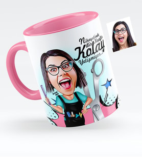 BK Gift Kişiye Özel Bayan Kuaför Karikatürlü Pembe Kupa Bardak  1