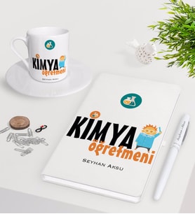 BK Gift Kişiye Özel Kimya Öğretmeni Beyaz Defter Kalem Türk Kahvesi Fincanı Seti-1 (Model 1)