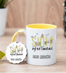 Sınıf Öğretmeni Sarı Kupa Bardak Ve Anahtarlık Set