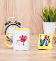 Sevgililere Özel Balon Tasarım Sarı Kupa Bardak ve Sarı Mini Fotoğraf Çerçevesi