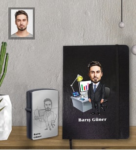 Kişiye Özel Öğretmen Karikatürlü Siyah Defter Çakmak Hediye Seti Bay-15 (Model 1)