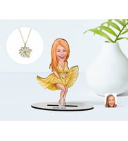 BK Gift Kişiye Özel Marilyn Monroe Karikatürlü 3D Ahşap Biblo ve İsimli Tarihli Papatya Kolye Seti (Model 1)