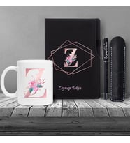 Kişiye Özel UV Baskılı Harfli Siyah Defter Roller Kalem Kupa Seti