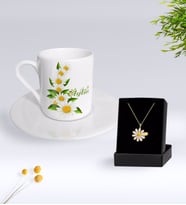 BK Gift Kişiye Özel Papatya Temalı Türk Kahvesi Fincanı Ve Papatya Kolye Hediye Seti-8 (Model 1)
