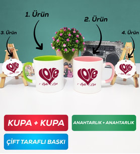 İkili Yeşil Pembe Love Tasarımlı Sevgililer Günü Hediyesi Kupa Bardak Anahtarlık