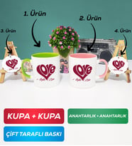 İkili Yeşil Pembe Love Tasarımlı Sevgililer Günü Hediyesi Kupa Bardak Anahtarlık