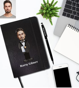 Kişiye Özel Şef Garson Karikatürlü Siyah Defter Kalem Hediye Seti Bay-1