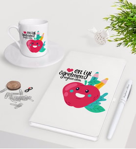 BK Gift Kişiye Özel En İyi Öğretmen Beyaz Defter Kalem Türk Kahvesi Fincanı Seti-11 (Model 1)