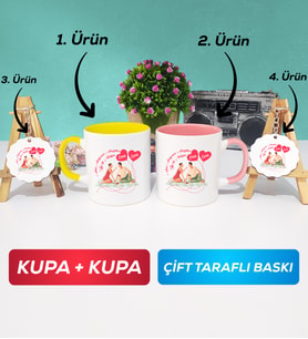 İkili Sarı Pembe Sevgiliye Sevgililer Günü Hediyesi 5 Kupa Bardak Anahtarlık