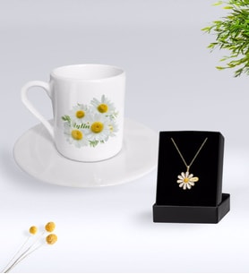 BK Gift Kişiye Özel Papatya Temalı Türk Kahvesi Fincanı Ve Papatya Kolye Hediye Seti-12 (Model 1)