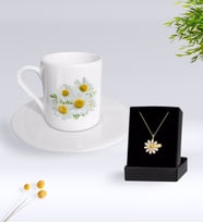 BK Gift Kişiye Özel Papatya Temalı Türk Kahvesi Fincanı Ve Papatya Kolye Hediye Seti-12 (Model 1)