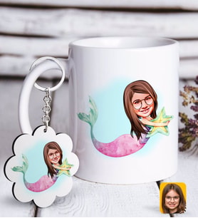 BK Gift Kişiye Özel Deniz Kızı Karikatürlü Beyaz Kupa ve Anahtarlık Hediye Seti-1 (Model 1)