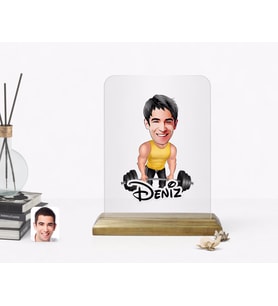 BK Gift Kişiye Özel Erkek Halterci Karikatürlü Ahşap Standlı Çerçeve (Beyaz)