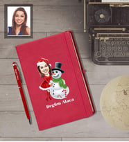 Kişiye Özel Yılbaşı Bayan Karikatürlü Kırmızı Defter Kalem Hediye Seti Model-3