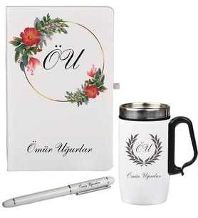 Şık Çiçek Desenli Kişiye Özel Hediye Defter Kalem Ve Termos - Mug Seti