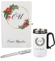 Şık Çiçek Desenli Kişiye Özel Hediye Defter Kalem Ve Termos - Mug Seti