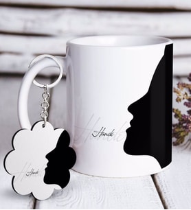BK Gift Kişiye Özel Yüz Siluet Beyaz Kupa ve Anahtarlık Hediye Seti-1 (Model 1)