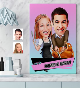 BK Gift Kişiye Özel Aşçı Çift Karikatür Kanvas Tablo 50x70cm 2