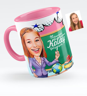 BK Gift Kişiye Özel Bayan Öğretmen Karikatürlü Pembe Kupa Bardak  1