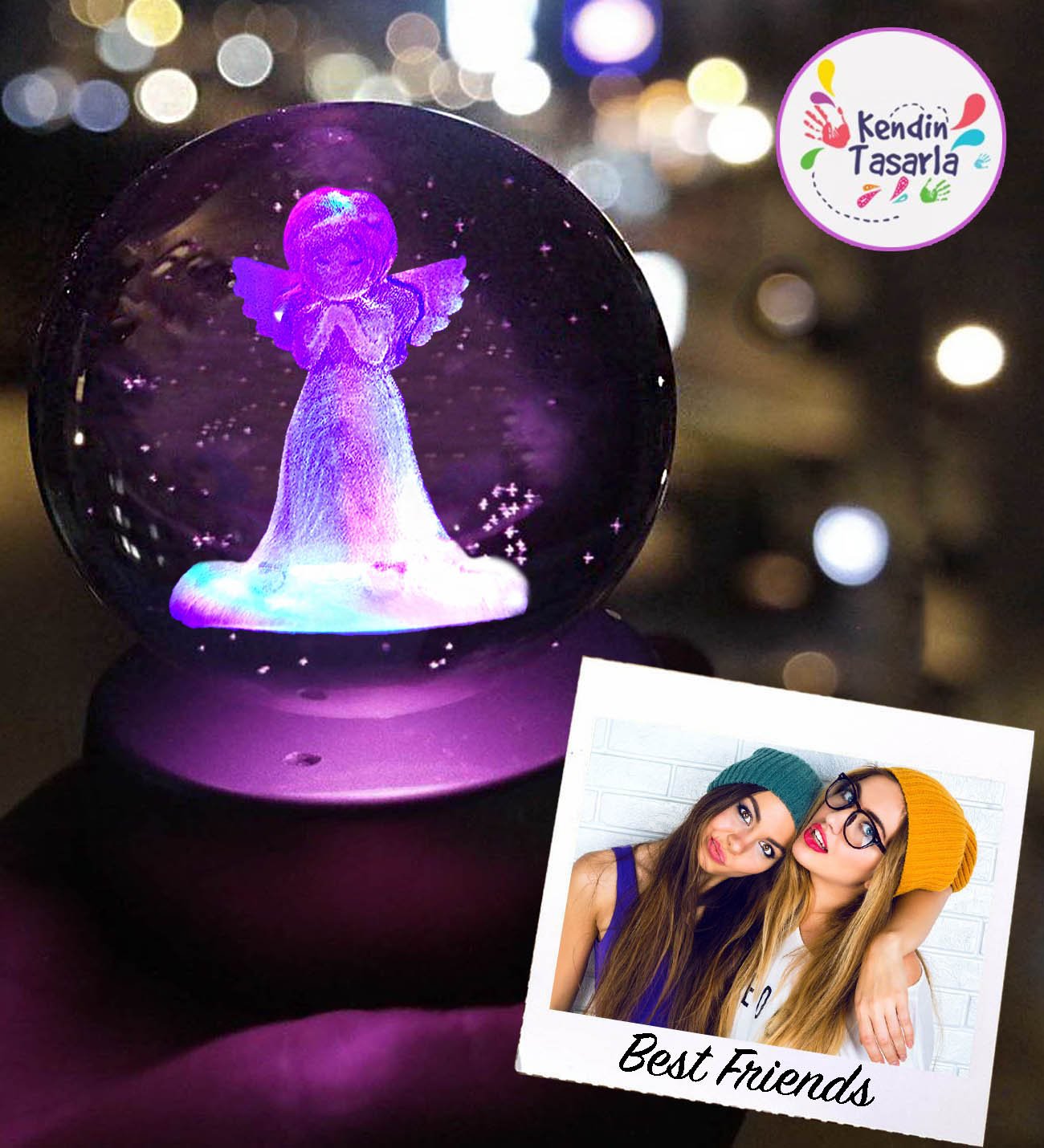 Kişiye Özel Fotoğraflı Best friends 3D Peri Kızı Renk Değiştiren Işıklı Kristal Küre