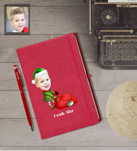 Kişiye Özel Yılbaşı Çocuk Karikatürlü Kırmızı Defter Kalem Hediye Seti Model-1