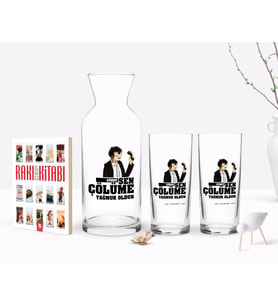 BK Gift Kişiye Özel Renkli Baskılı Çünkü Sen Çölüme Yağmur Oldun Tasarımlı İkili Rakı Bardağı Karaf ve Cep Kitabı Hediye Seti-3 (Model 1)