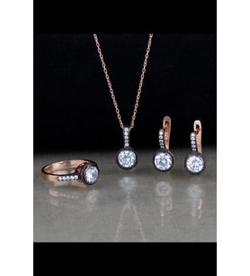Gümüş Elmas Kesim Zirkon Tek Taşlı Abiye Model Set (Rose)