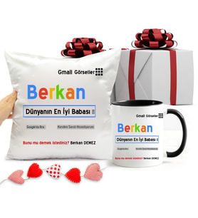 Babaya Hediye Dünyanın En İyi Babası Hediye Seti Yastık ve Siyah Kupa Bardak (Siyah - Beyaz)