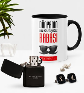BK Gift Kişiye Özel Dünyanın En Yakışıklı Babası Siyah Kupa Çakmak Kol Düğmesi Seti-2 (Model 1)