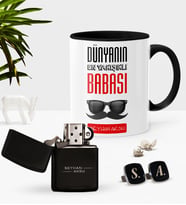 BK Gift Kişiye Özel Dünyanın En Yakışıklı Babası Siyah Kupa Çakmak Kol Düğmesi Seti-2 (Model 1)