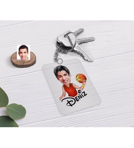 BK Gift Kişiye Özel Erkek Basketbolcu Karikatürlü Şeffaf Pleksi Anahtarlık (Beyaz)