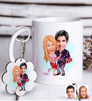 BK Gift Kişiye Özel Sevgililer Karikatürlü Beyaz Kupa ve Anahtarlık Hediye Seti-2 (Model 1)