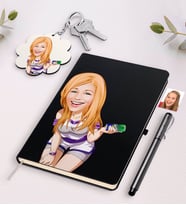 BK Gift Kişiye Özel Bayan Karikatürlü Siyah Defter Kalem Ve Anahtarlık Hediye Seti-36 (Model 1)