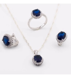 925 Ayar Gümüş Mavi Zirkon Taşlı Oval Model Bayan Set