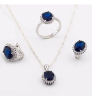 925 Ayar Gümüş Mavi Zirkon Taşlı Oval Model Bayan Set