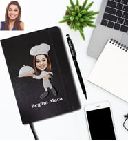 Kişiye Özel Aşçı Karikatürlü Siyah Defter Kalem Hediye Seti Bayan-3