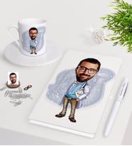 BK Gift Kişiye Özel Erkek Doktor Karikatürlü Beyaz Defter Kalem Türk Kahvesi Fincanı Seti-8 (Model 1)