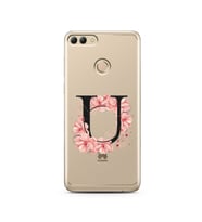 Pembe Çiçekli Harf Tasarım Süper Şeffaf Silikon Telefon Kılıfı Huawei Y9 2018 U-