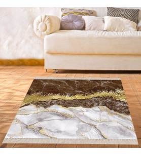 Mermer Desenli Gold Şeritli Dijital Baskı Yıkanabilir Kaymaz Taban Modern Salon Halısı (Beyaz - Kahverengi)