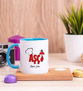Aşçı Ahşap Altlıklı Mumlu Mavi Kupa Bardak