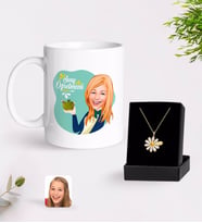 BK Gift Kişiye Özel Bayan Sınıf Öğretmeni Karikatürlü Kupa Ve Papatya Kolye Hediye Seti-1 (Model 1)