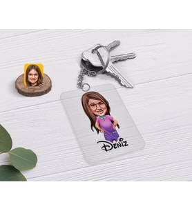 BK Gift Kişiye Özel Kız Çocuk Karikatürlü Şeffaf Pleksi Anahtarlık-3 (Beyaz)
