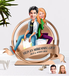 BK Gift Kişiye Özel Sevgililer Karikatürlü 3D Ahşap Biblo Plaket-35 (Beyaz)