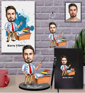 Kişiye Özel Öğretmen Karikatürlü 5 li Hediye Seti Bay-4