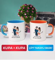İkili Sevgiliye Hediye Bir Ömür Sevgililer Günü Hediyesi Kupa Bardak Mavi Turuncu